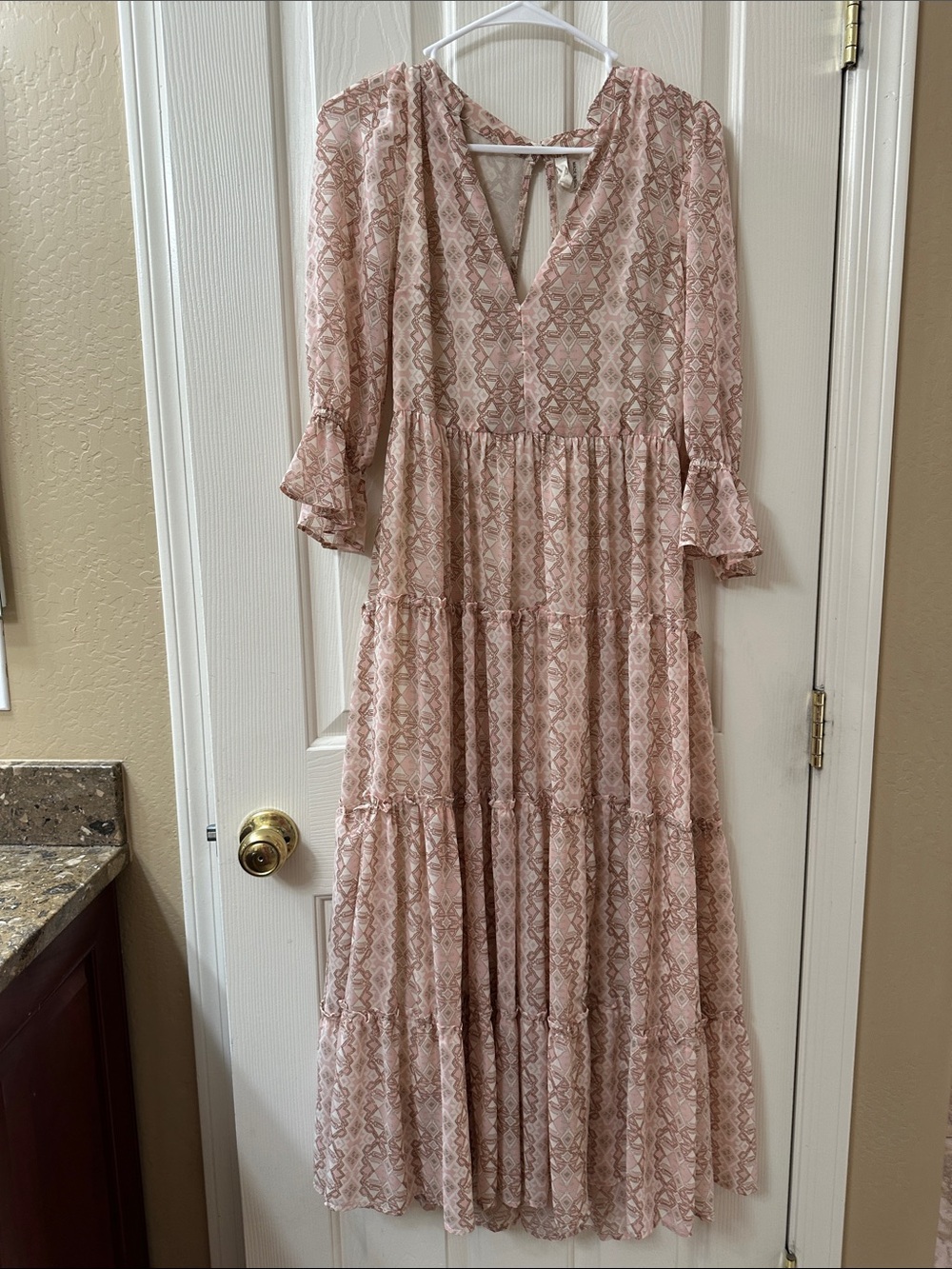 Bohemian Tiered V-Neck Maxi Dress in Blush Pink small